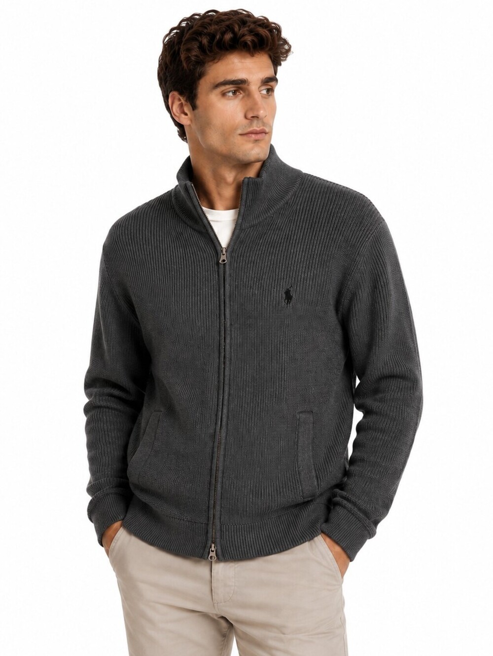 Polo Ralph Lauren Men's Dark Gray Full-Zip Cotton Knit Sweater - XXL